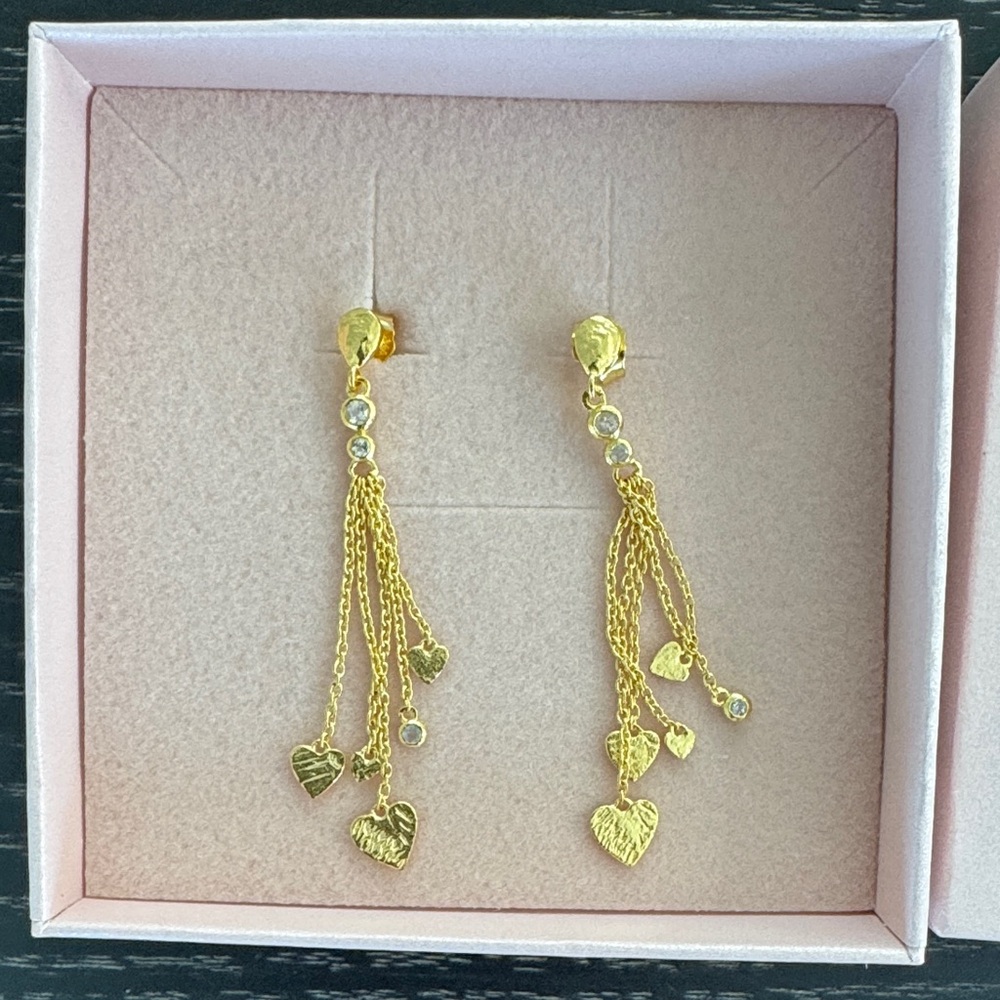 Maanesten Copenhagen gold dangle earrings with hearts and crystals